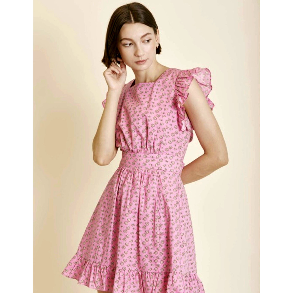 Aureum Size Medium Floral Print Open Back Mini Dress Pink 100% Cotton